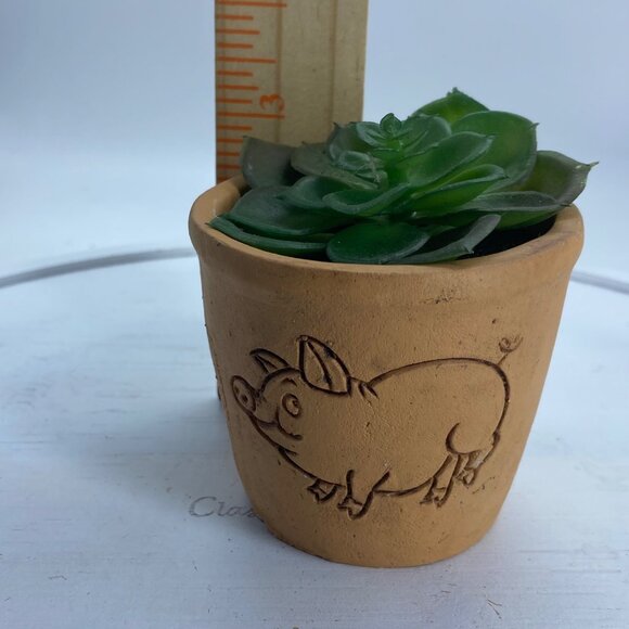 Handcrafted Terracotta Pig Planter With Artificial Succulent 3” - Picture 5 of 7